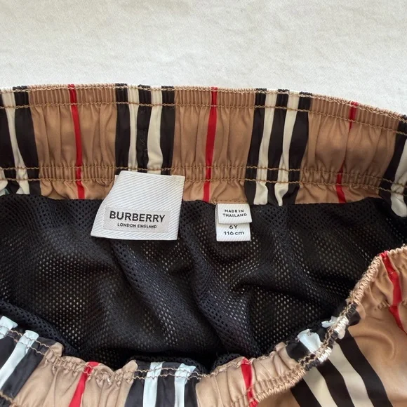 Burberry Striped Swim Shorts in Tan, Black, White & Red - Picture 3 of 3